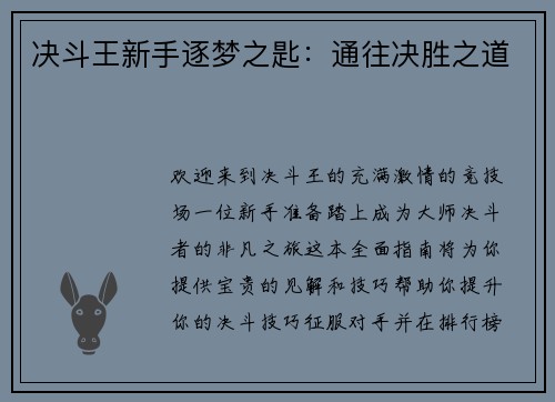 决斗王新手逐梦之匙：通往决胜之道